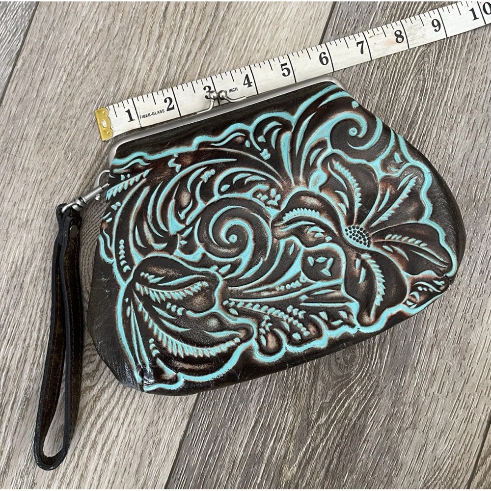 NWOT Patricia Nash Savena Hand Tooled Turquoise Leather Kisslock Wristlet Bag - Picture 6 of 16